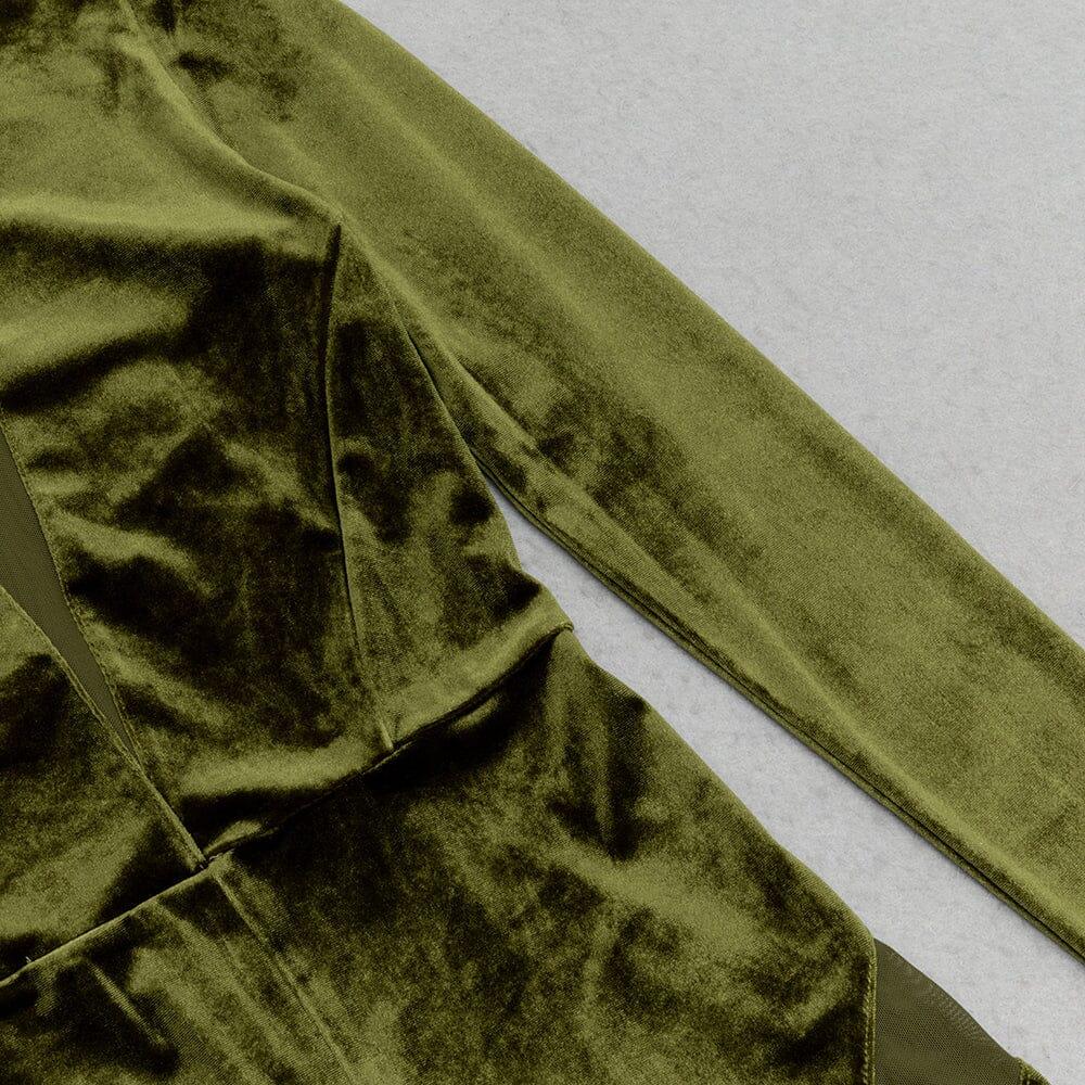 AIIZIE OLIVE GREEN VELVET CASUAL LONG-SLEEVED TIGHT MESH JUMPSUIT - product image
