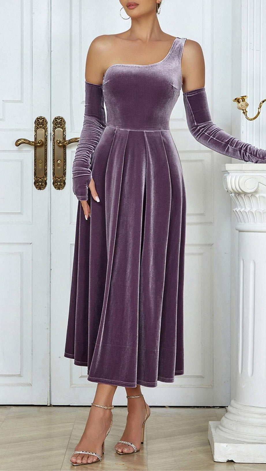 ONE SHOULDER CASHMERE LONG SLEEVE MIDI DRESS
