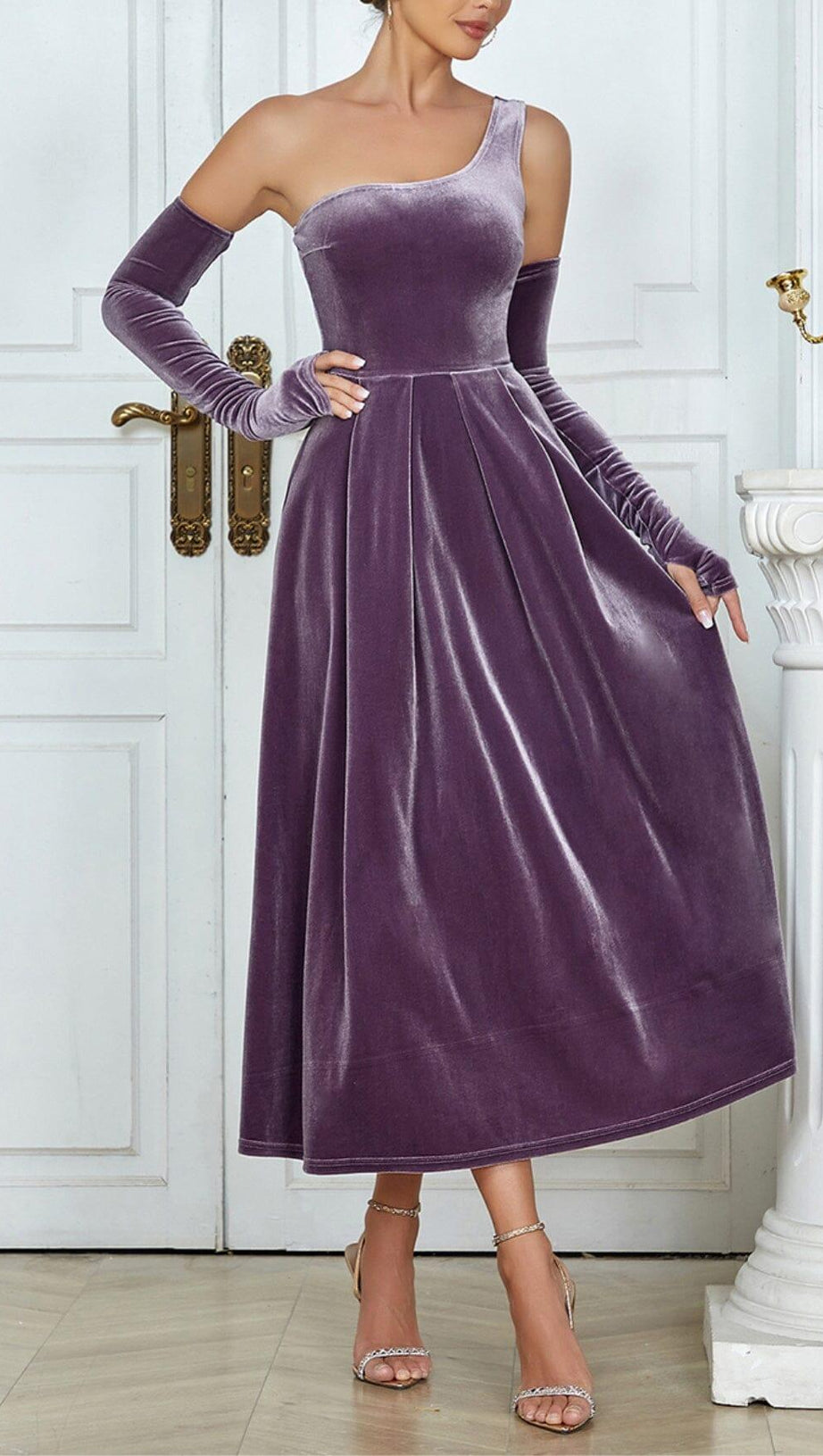 ONE SHOULDER CASHMERE LONG SLEEVE MIDI DRESS