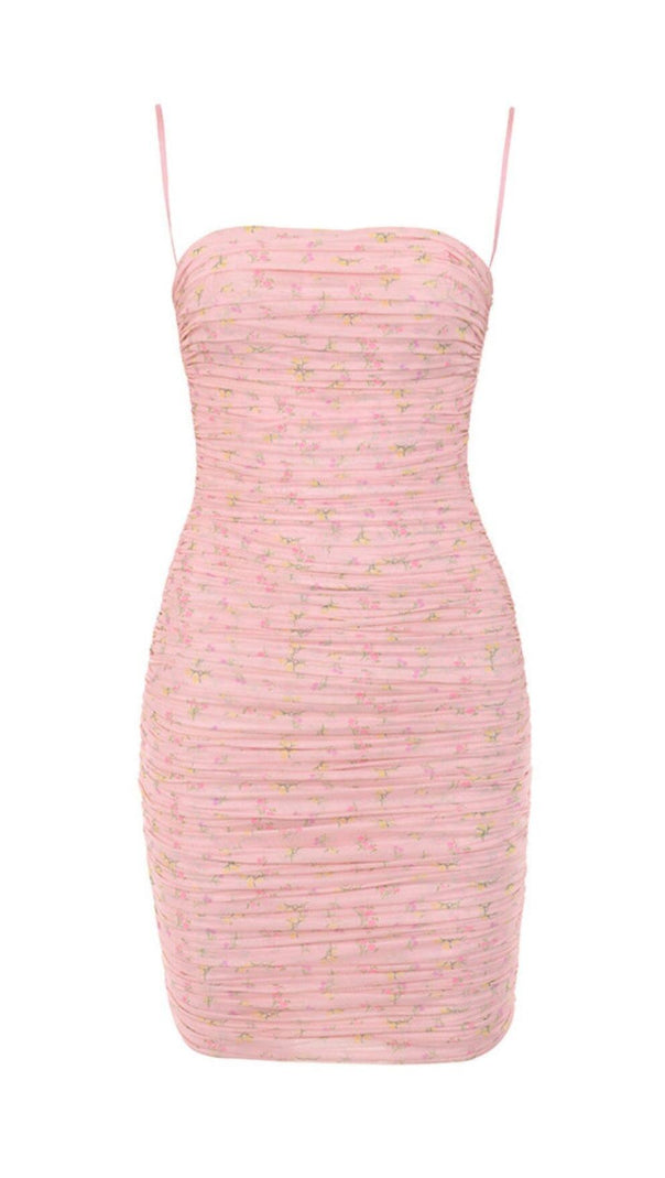 AIIZIE PINK FLORAL RUCHED ORGANZA MESH MINI DRESS - product image