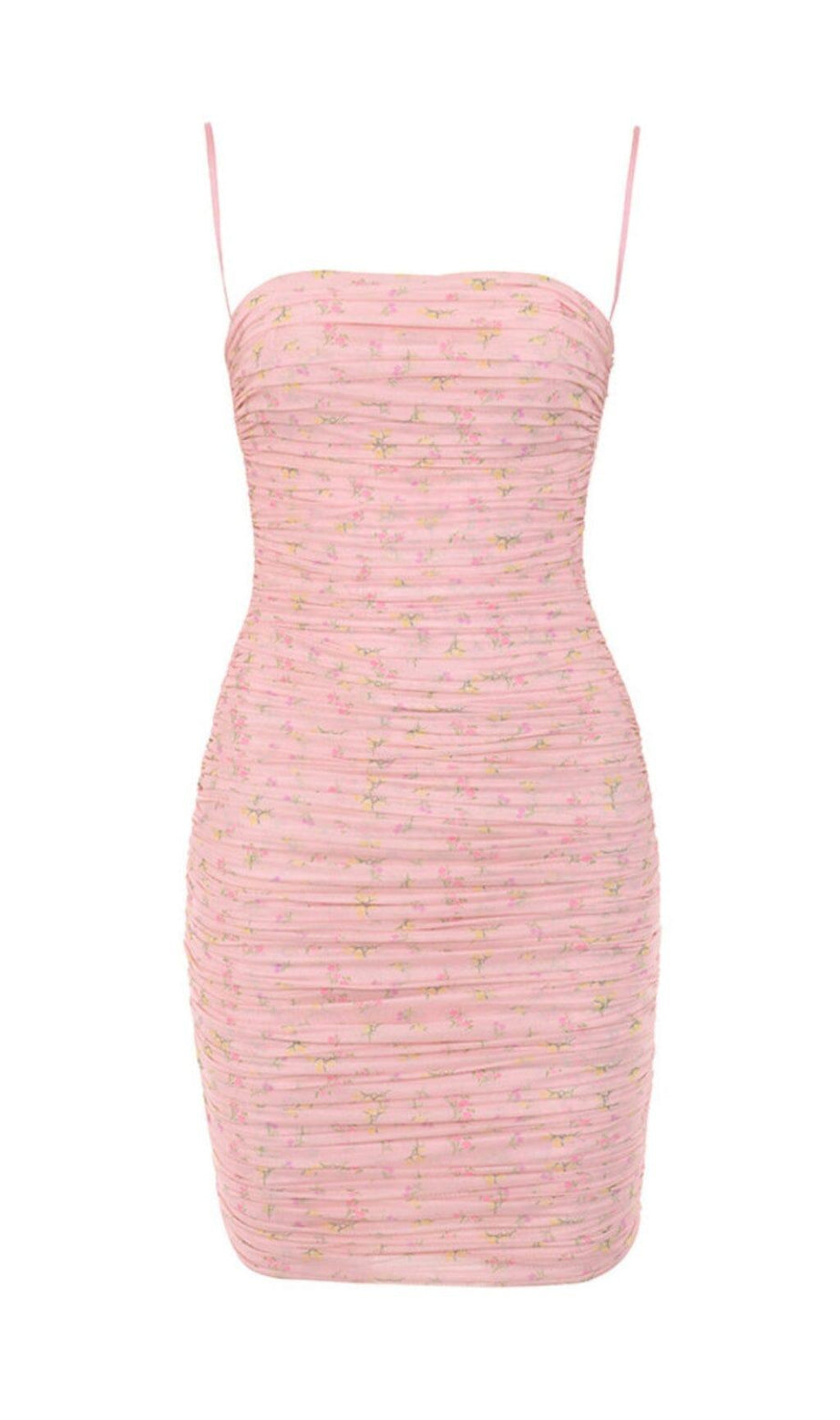 MINI ABITO IN ORGANZA A RETE CON RUCHES E FLOREALE ROSA