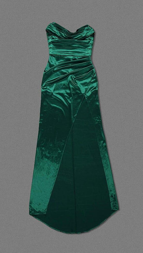 GREEN DRAPED WRAP TUBE TOP MAXI DRESS