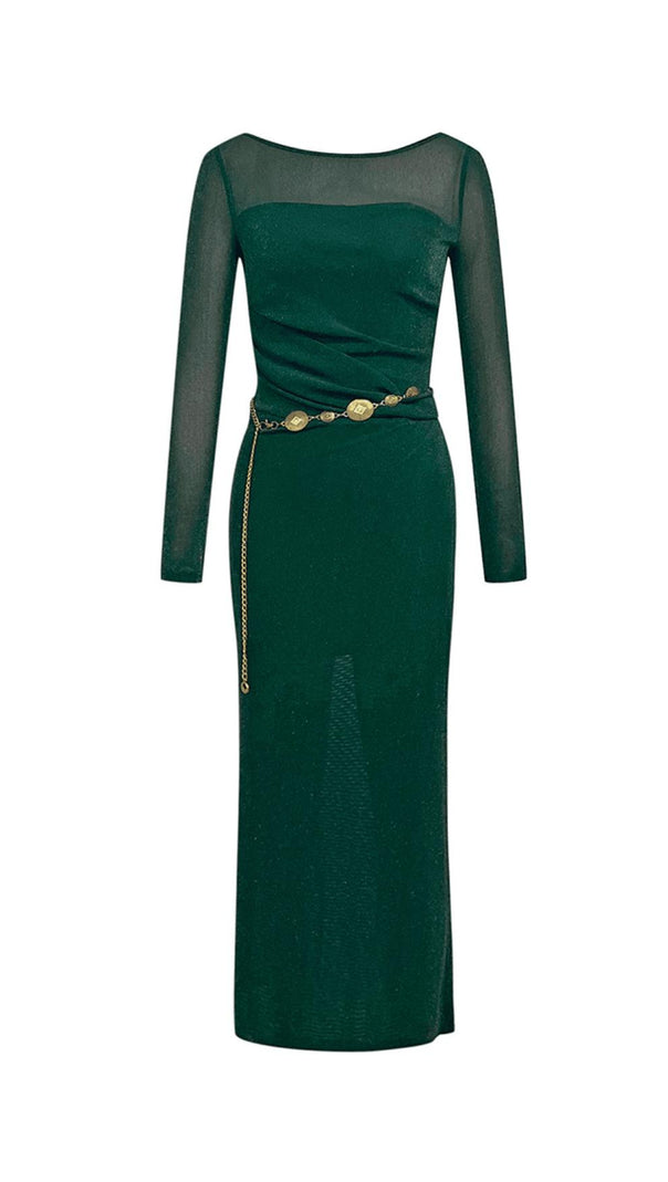AIIZIE GREEN ONE-SHOULDER MESH MIDI DRESS - product image
