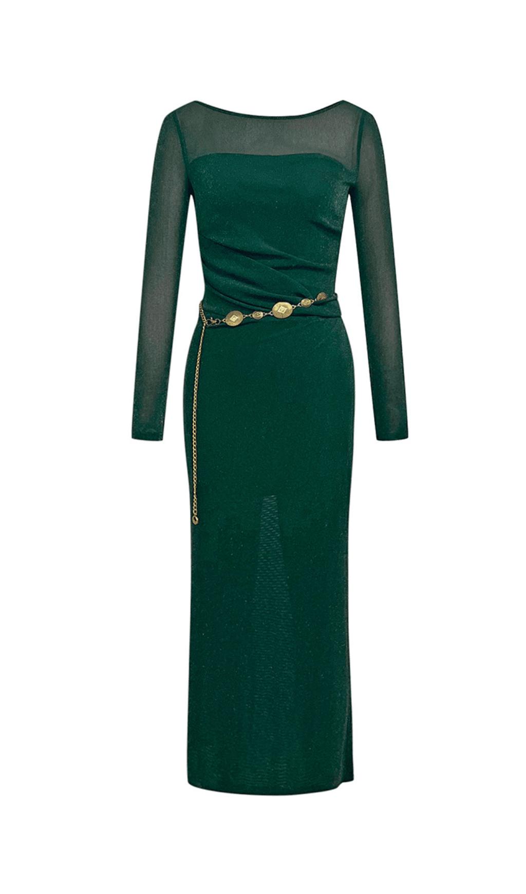 AIIZIE GREEN ONE-SHOULDER MESH MIDI DRESS - product image
