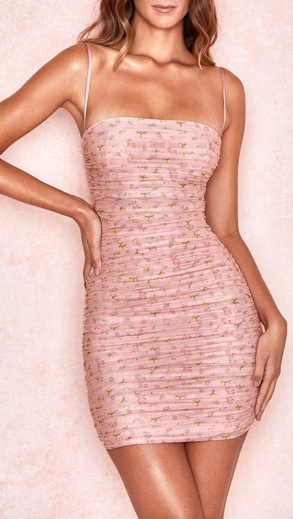 AIIZIE PINK FLORAL RUCHED ORGANZA MESH MINI DRESS - product image
