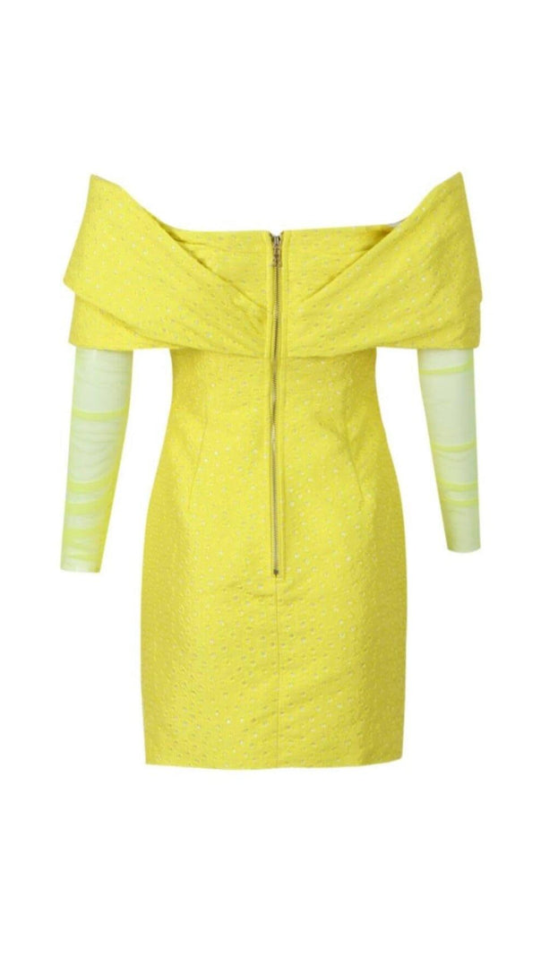 AIIZIE YELLOW OFF SHOULDER RUCHED MESH MINI DRESS - product image