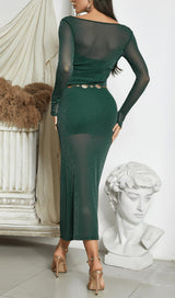 GREEN ONE-SHOULDER MESH MIDI DRESS