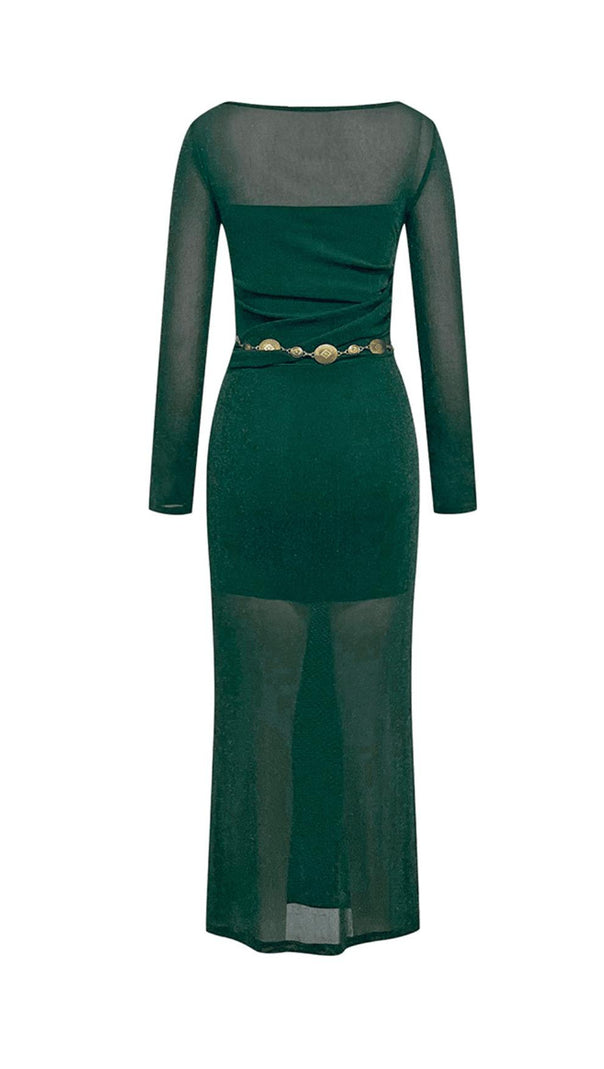 AIIZIE GREEN ONE-SHOULDER MESH MIDI DRESS - product image
