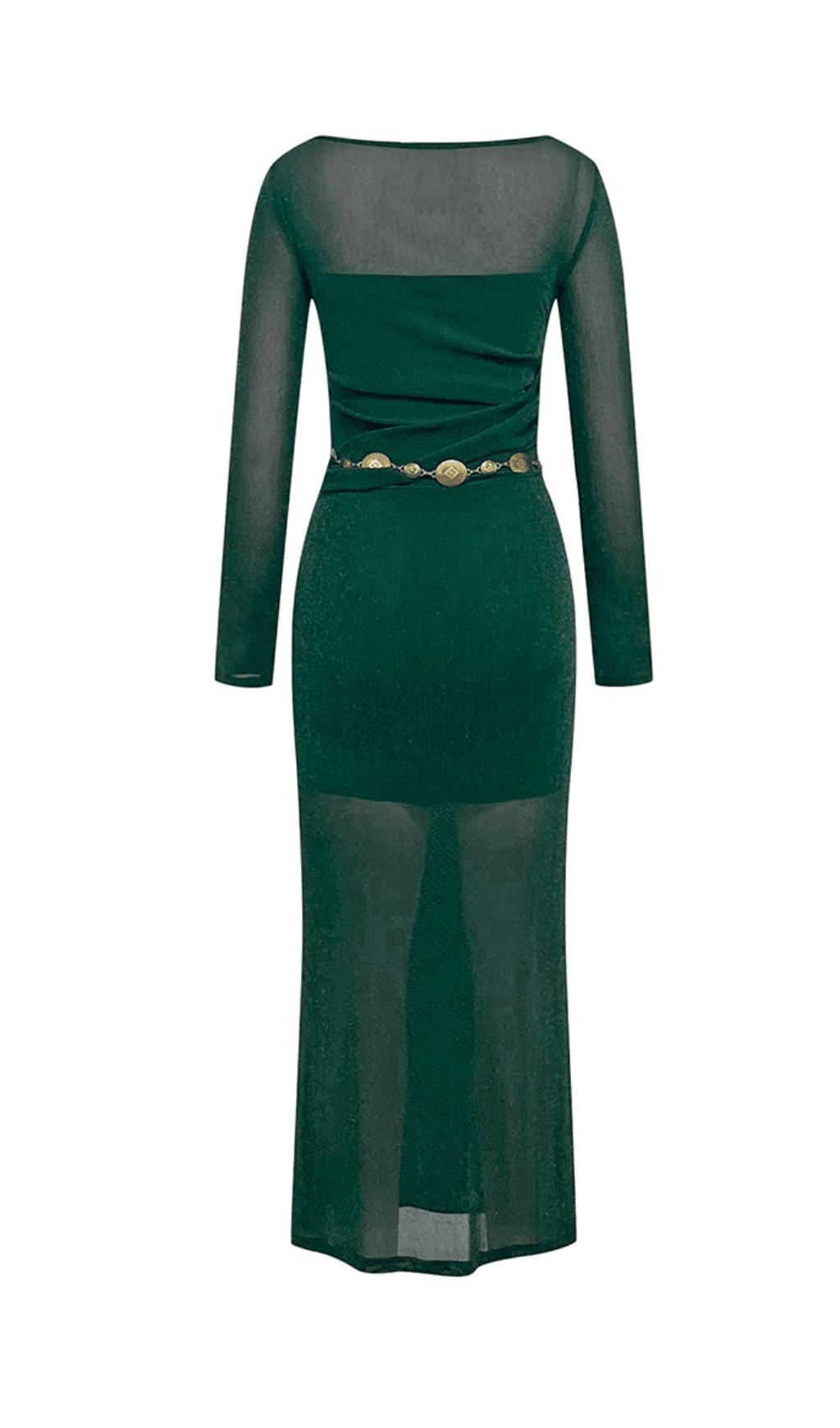 AIIZIE GREEN ONE-SHOULDER MESH MIDI DRESS - product image