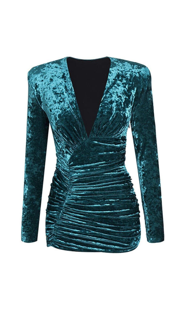 AIIZIE GREEN V NECK RUCHED VELVET MINI DRESS - product image