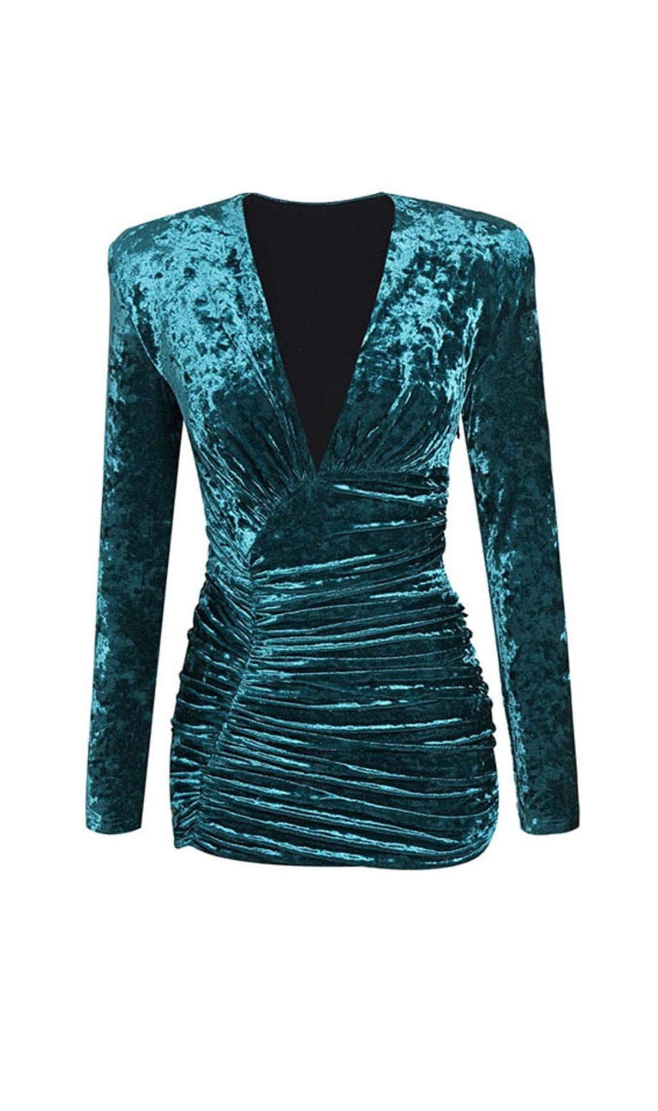 GREEN V NECK RUCHED VELVET MINI DRESS