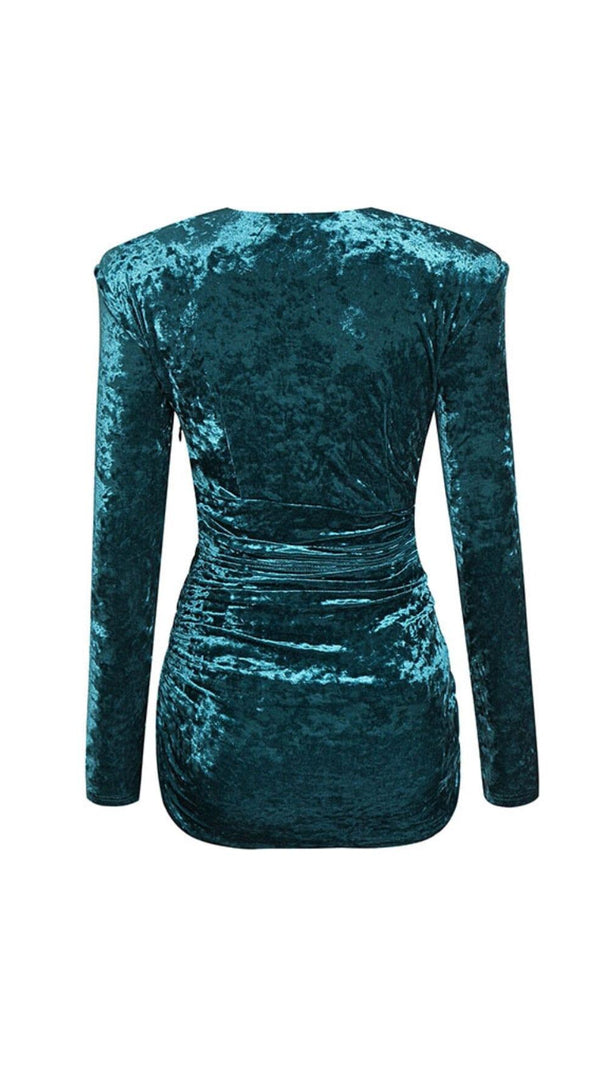 AIIZIE GREEN V NECK RUCHED VELVET MINI DRESS - product image