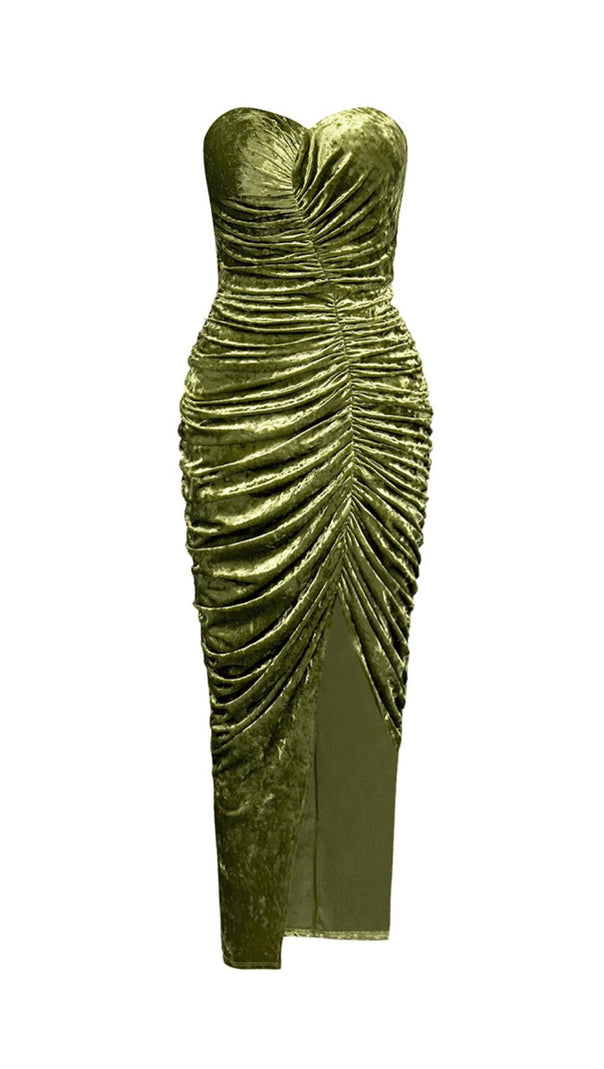 AIIZIE GREEN VELVET V-NECK PLEATED TUBE TOP HIGH SLIT MAXI DRESS - product image