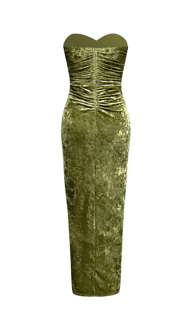AIIZIE GREEN VELVET V-NECK PLEATED TUBE TOP HIGH SLIT MAXI DRESS - product image