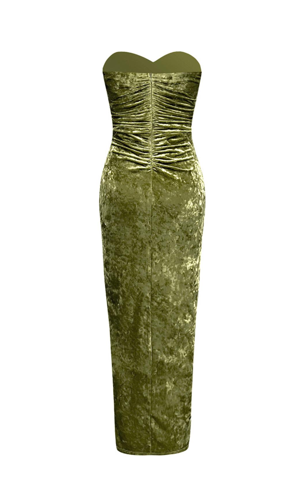 AIIZIE GREEN VELVET V-NECK PLEATED TUBE TOP HIGH SLIT MAXI DRESS - product image