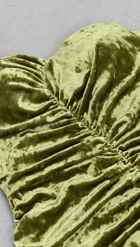 GREEN VELVET V-NECK PLEATED TUBE TOP HIGH SLIT MAXI DRESS