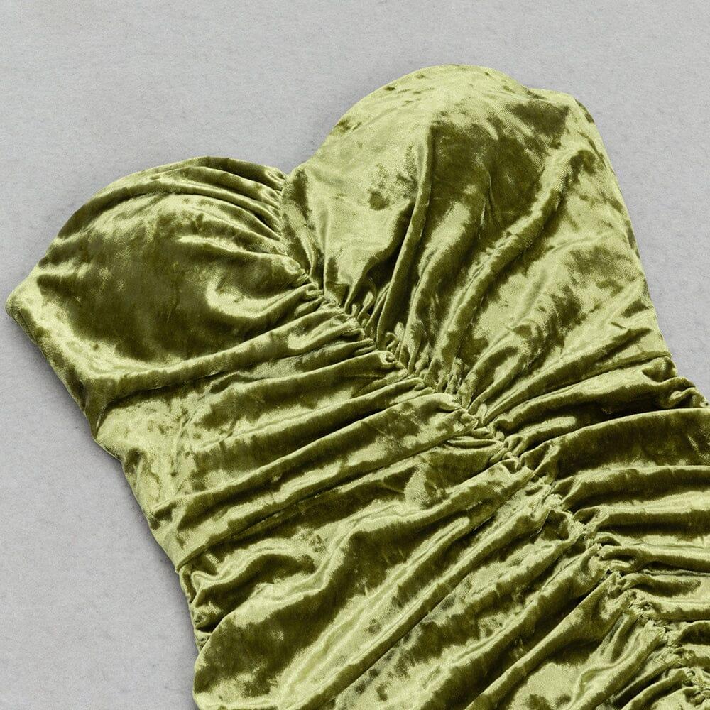 AIIZIE GREEN VELVET V-NECK PLEATED TUBE TOP HIGH SLIT MAXI DRESS - product image