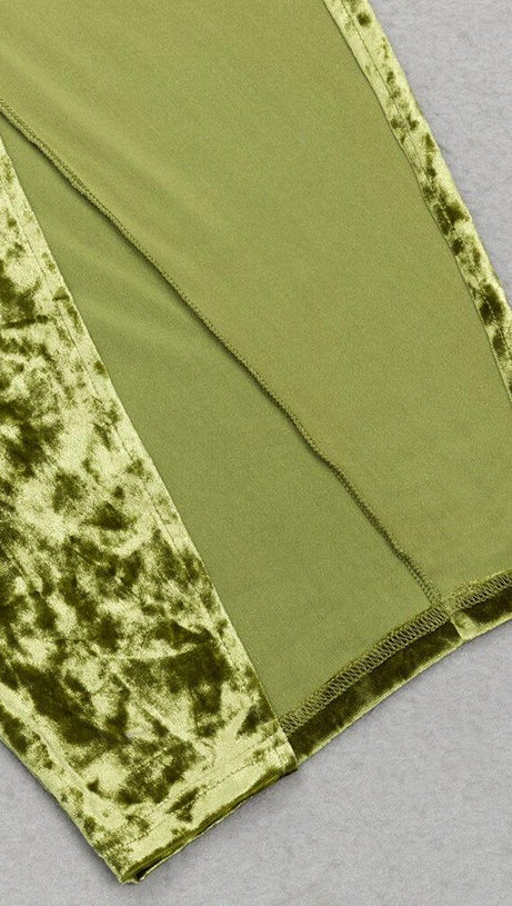 GREEN VELVET V-NECK PLEATED TUBE TOP HIGH SLIT MAXI DRESS