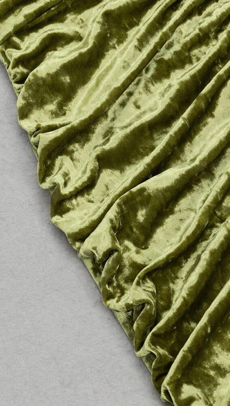 GREEN VELVET V-NECK PLEATED TUBE TOP HIGH SLIT MAXI DRESS