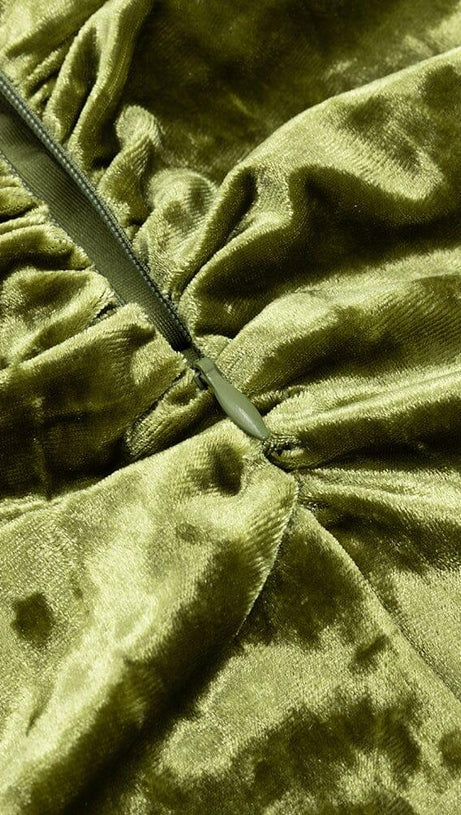 GREEN VELVET V-NECK PLEATED TUBE TOP HIGH SLIT MAXI DRESS