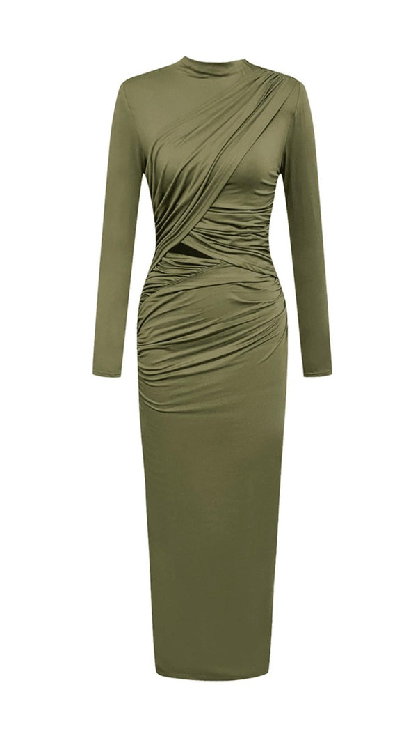 AIIZIE HALF TURTLENECK LONG SLEEVES HOLLOW TIGHT PLEATED LONG DRESS - product image
