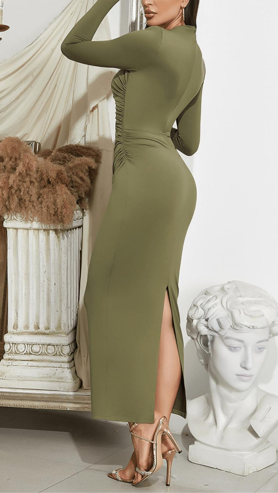 HALF TURTLENECK LONG SLEEVES HOLLOW TIGHT PLEATED LONG DRESS