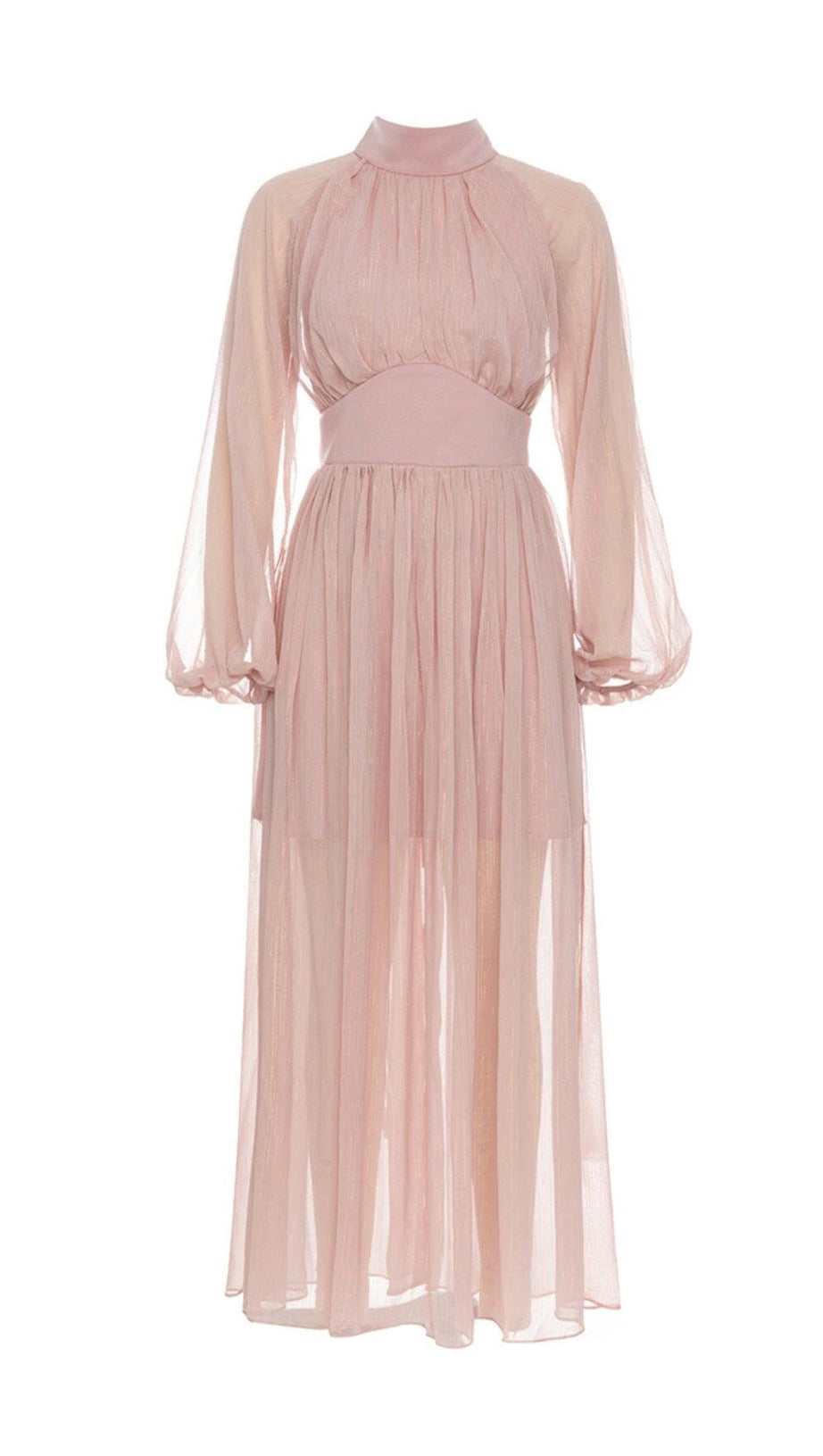 HALF TURTLENECK PUFF LONG SLEEVE WAISTED MESH DRESS