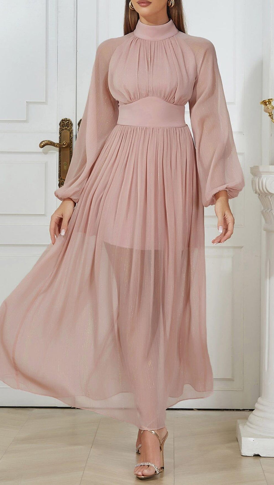 HALF TURTLENECK PUFF LONG SLEEVE WAISTED MESH DRESS