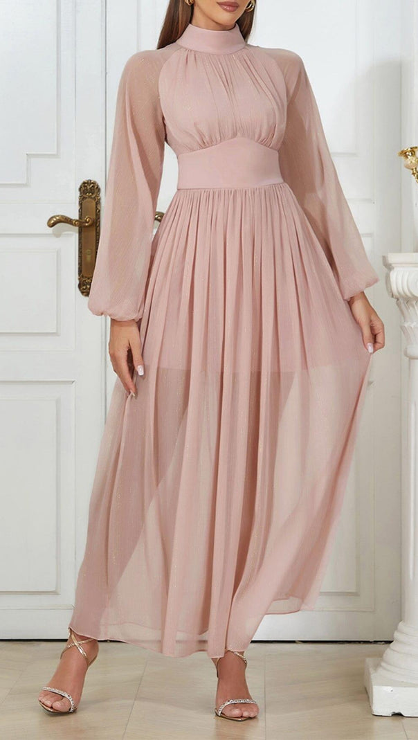 AIIZIE HALF TURTLENECK PUFF LONG SLEEVE WAISTED MESH DRESS - product image