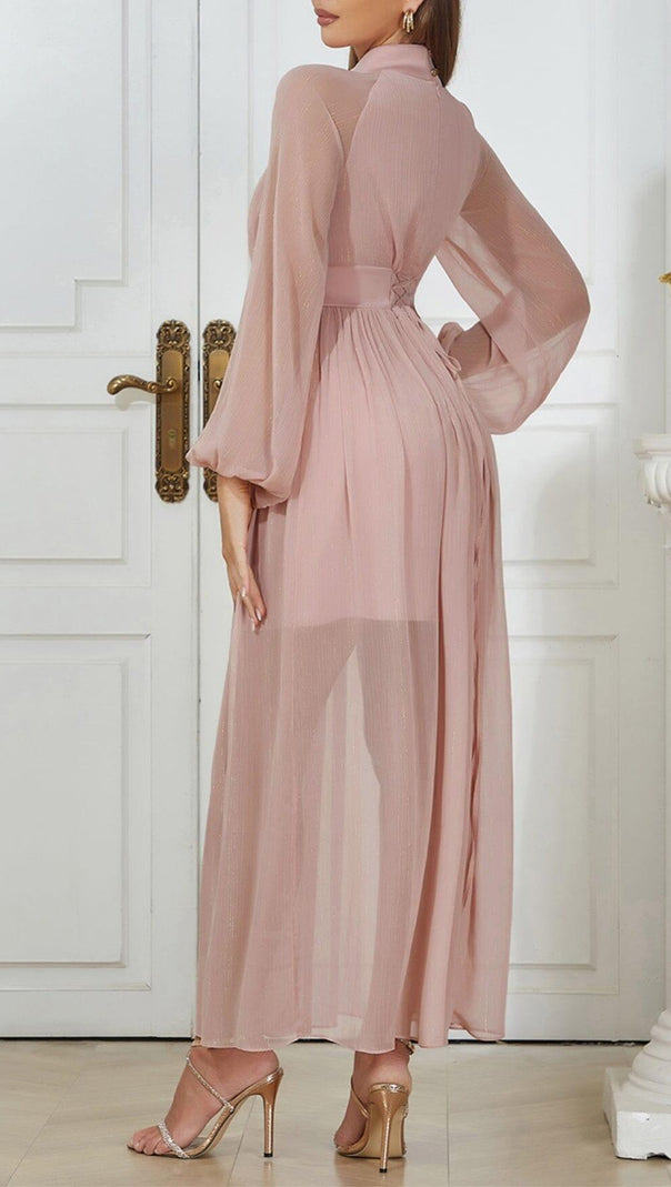 AIIZIE HALF TURTLENECK PUFF LONG SLEEVE WAISTED MESH DRESS - product image