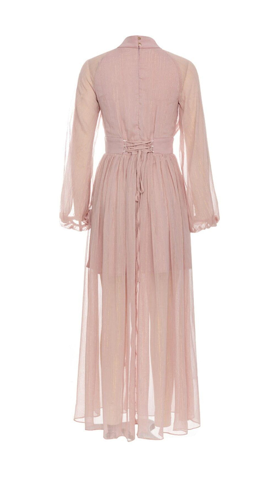 HALF TURTLENECK PUFF LONG SLEEVE WAISTED MESH DRESS