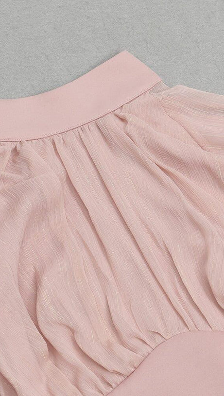 HALF TURTLENECK PUFF LONG SLEEVE WAISTED MESH DRESS