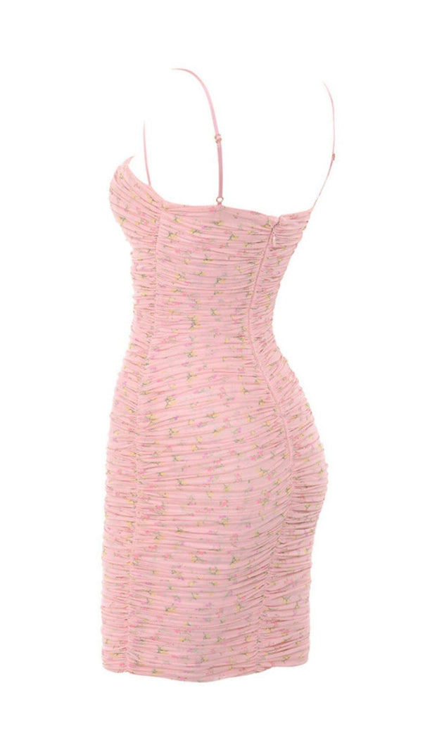 AIIZIE PINK FLORAL RUCHED ORGANZA MESH MINI DRESS - product image