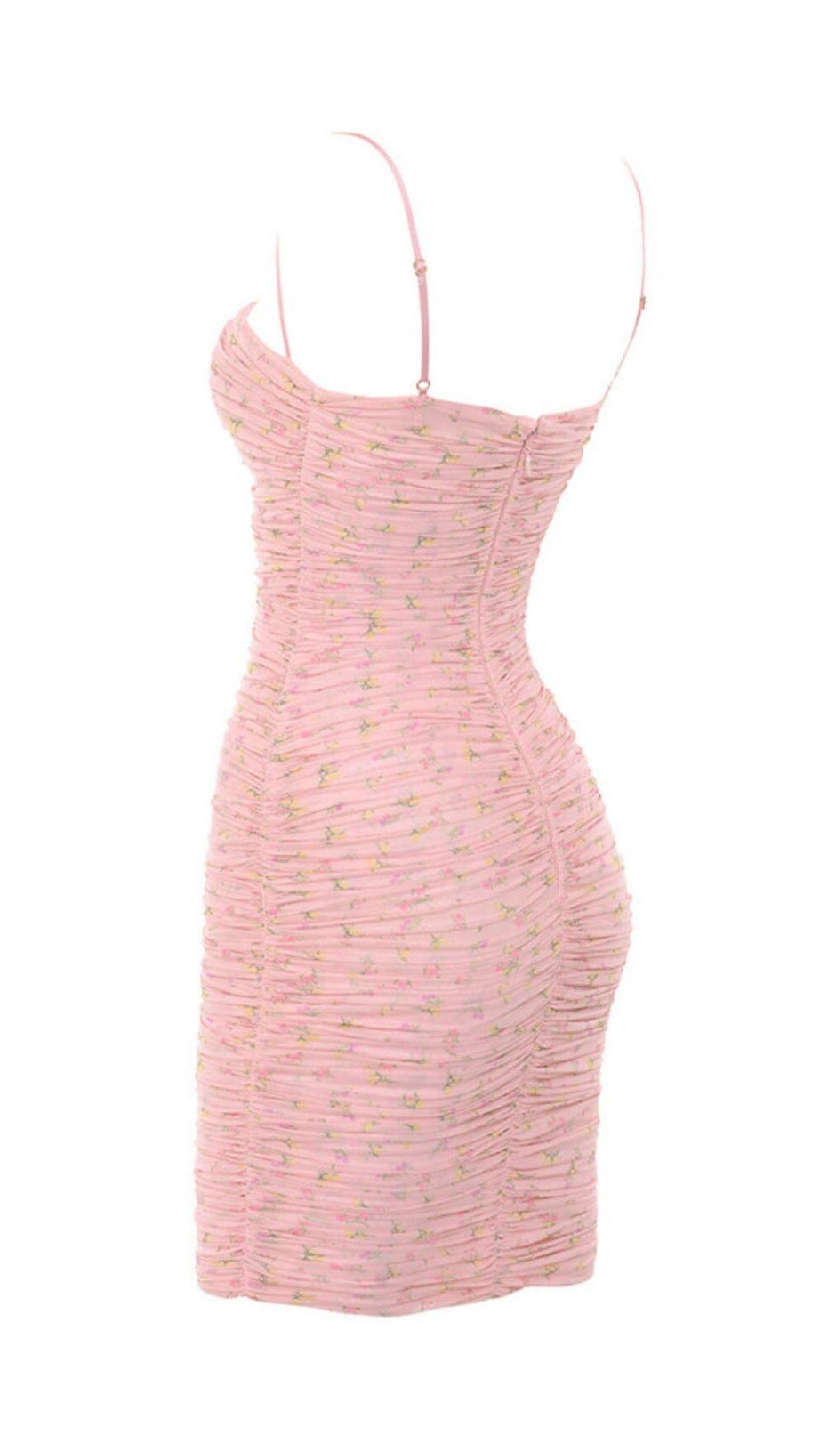 PINK FLORAL RUCHED ORGANZA MESH MINI DRESS