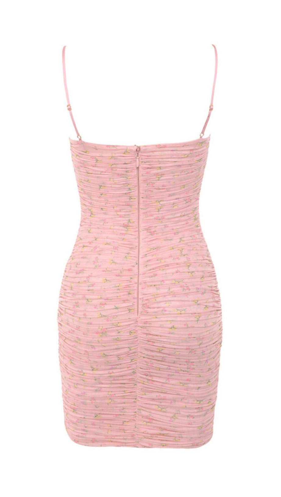 PINK FLORAL RUCHED ORGANZA MESH MINI DRESS