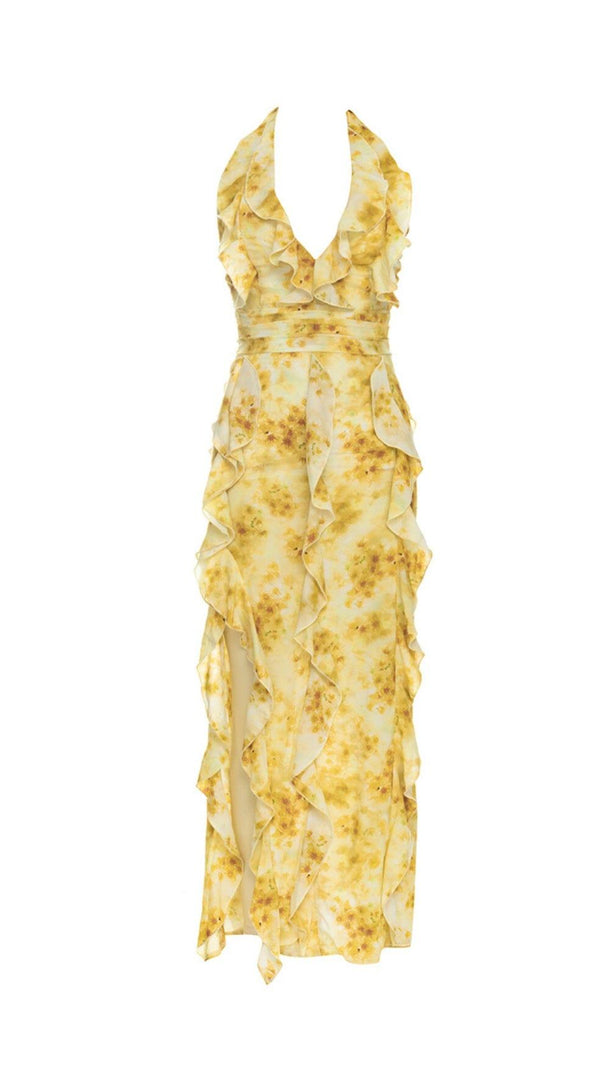 AIIZIE HALTER NECK SEXY PRINTED PLEATED EDGE SLIT DRESS - product image