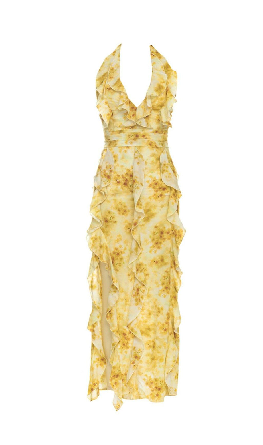 Sexy Neckholder-Kleid mit Print, Plissee-Kante und Schlitz