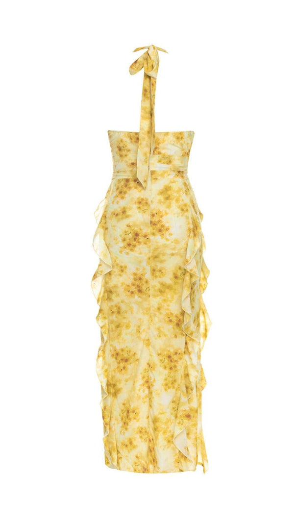 AIIZIE HALTER NECK SEXY PRINTED PLEATED EDGE SLIT DRESS - product image