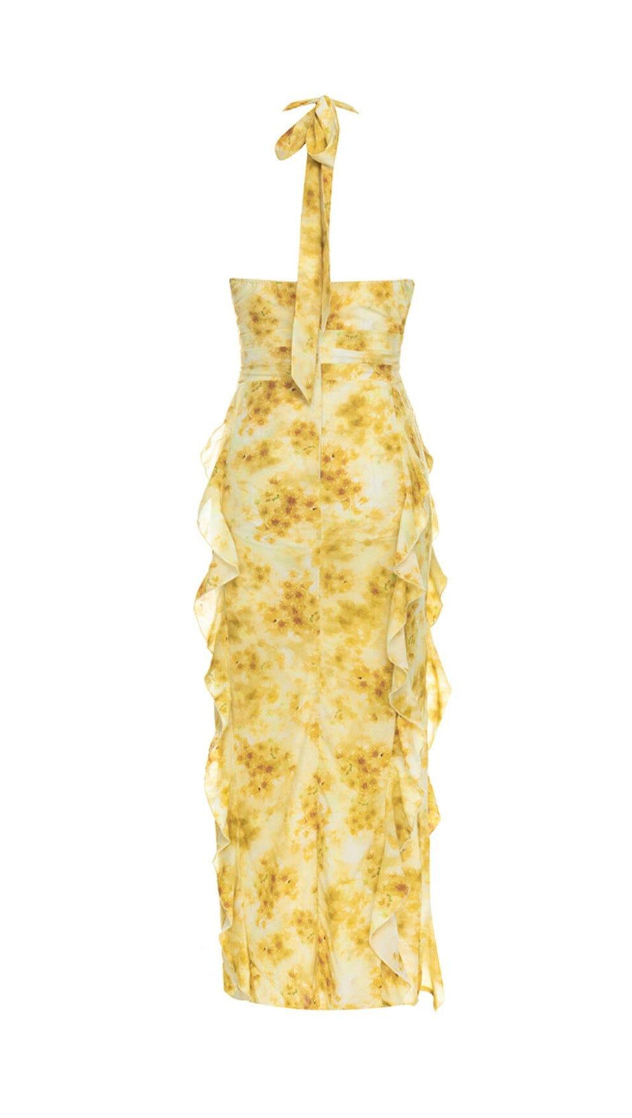 HALTER NECK SEXY PRINTED PLEATED EDGE SLIT DRESS