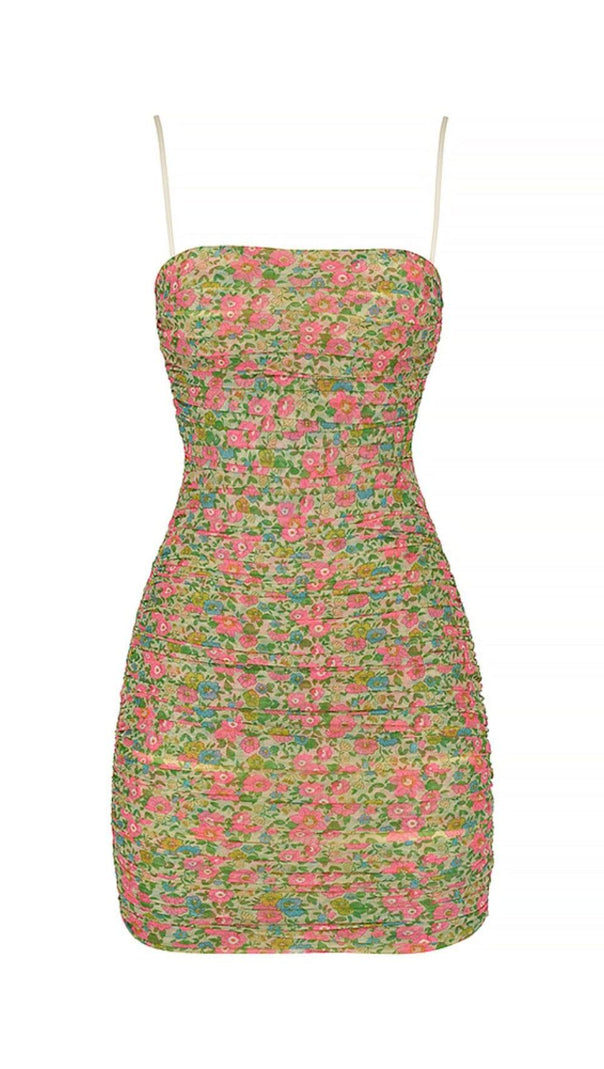 AIIZIE VINTAGE FLORAL RUCHED ORGANZA MESH MINI DRESS - product image