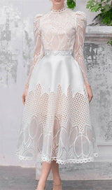 HEAVY-DUTY LACE STAND-UP COLLAR PUFF-SLEEVE HIGH-WAIST MIDI DRESS