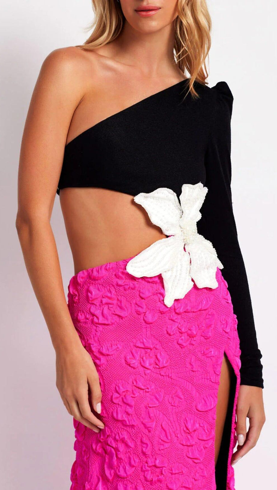 JACQUARD ONE SHOULDER STRETCH MAXI DRESS