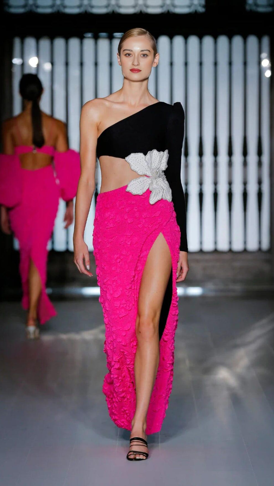 JACQUARD ONE SHOULDER STRETCH MAXI DRESS