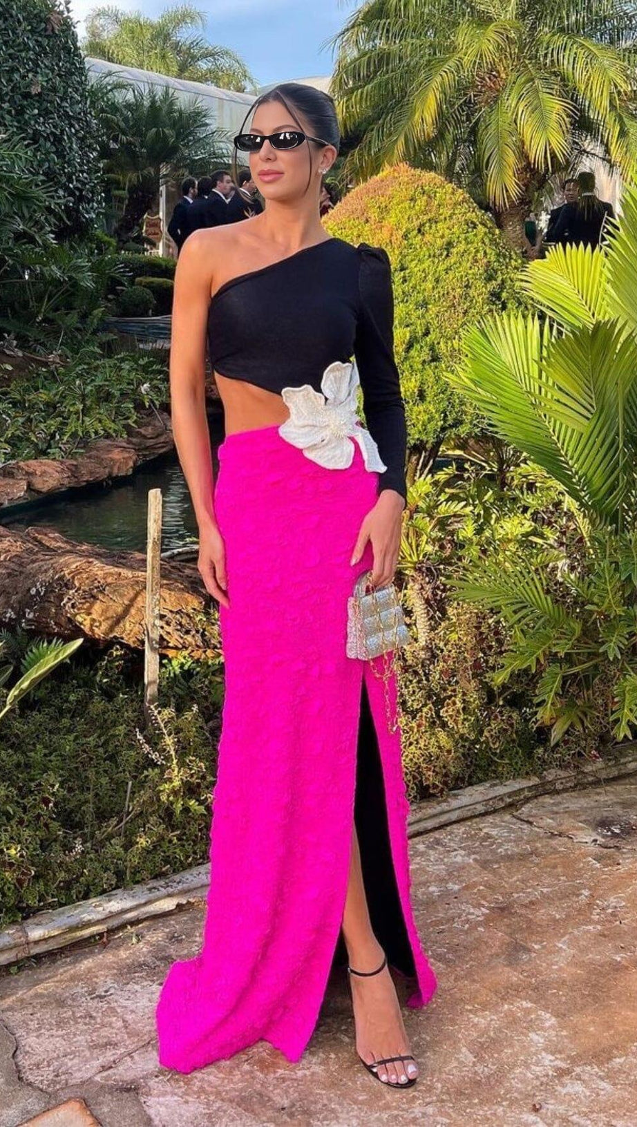 JACQUARD ONE SHOULDER STRETCH MAXI DRESS