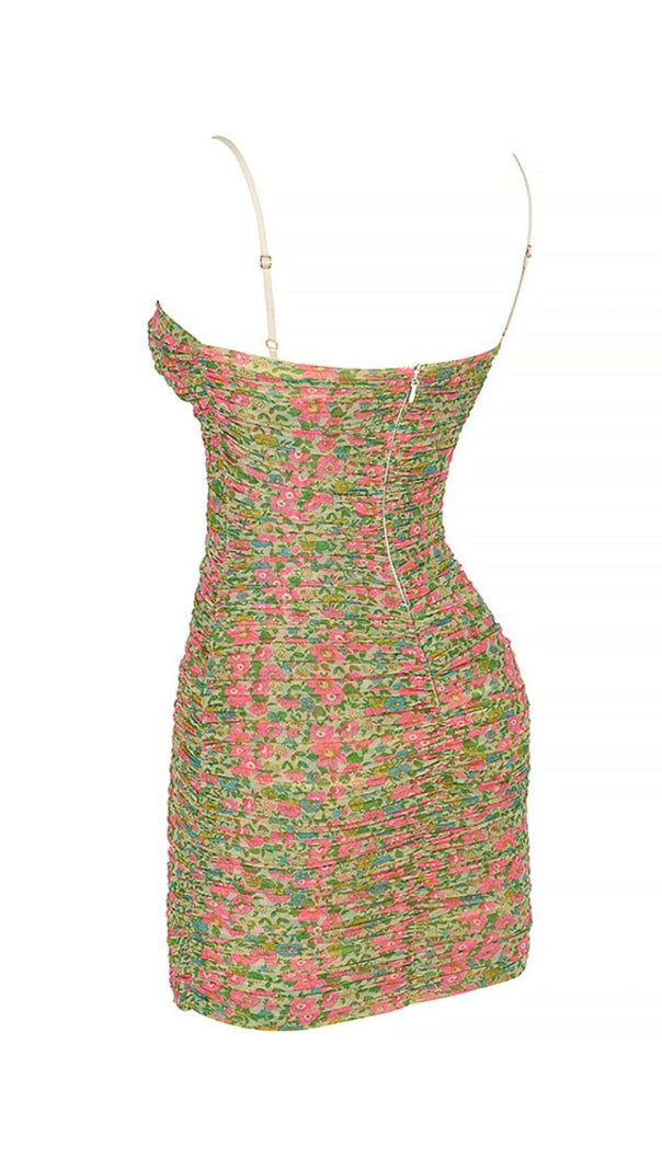 AIIZIE VINTAGE FLORAL RUCHED ORGANZA MESH MINI DRESS - product image
