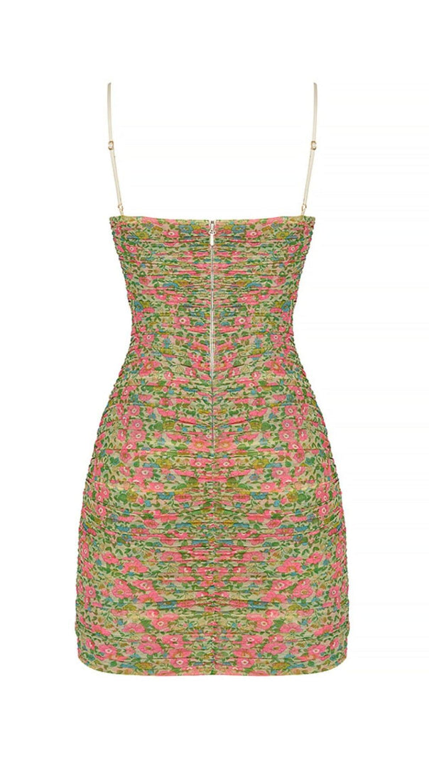 Vintage Floral Ruched Organza Mesh Mini Dress