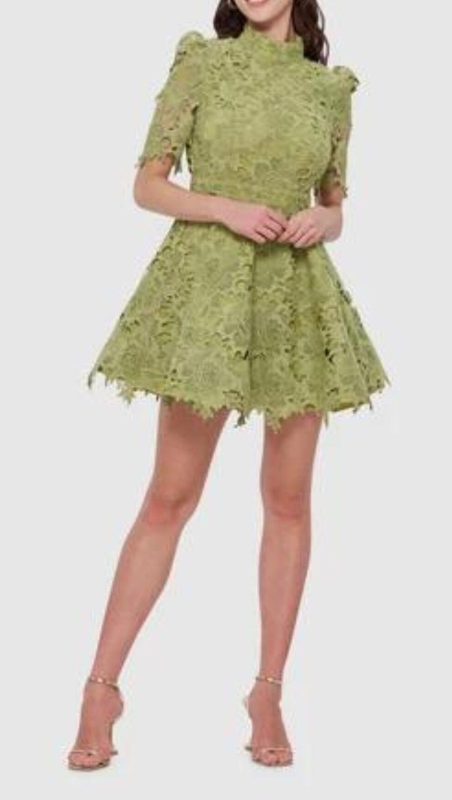 LACE SHORT SLEEVE MINI DRESS IN OLIVE