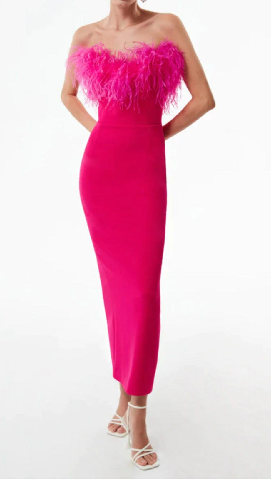 FEATHER BODYCON MAXI DRESS IN PINK