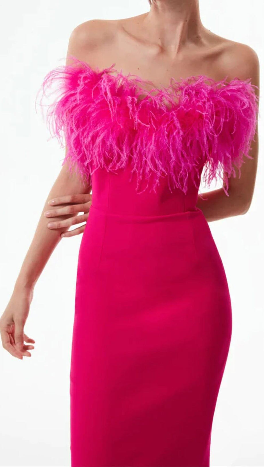 FEATHER BODYCON MAXI DRESS IN PINK