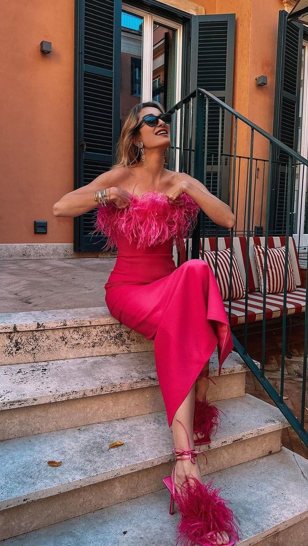 AIIZIE FEATHER BODYCON MAXI DRESS IN PINK - product image
